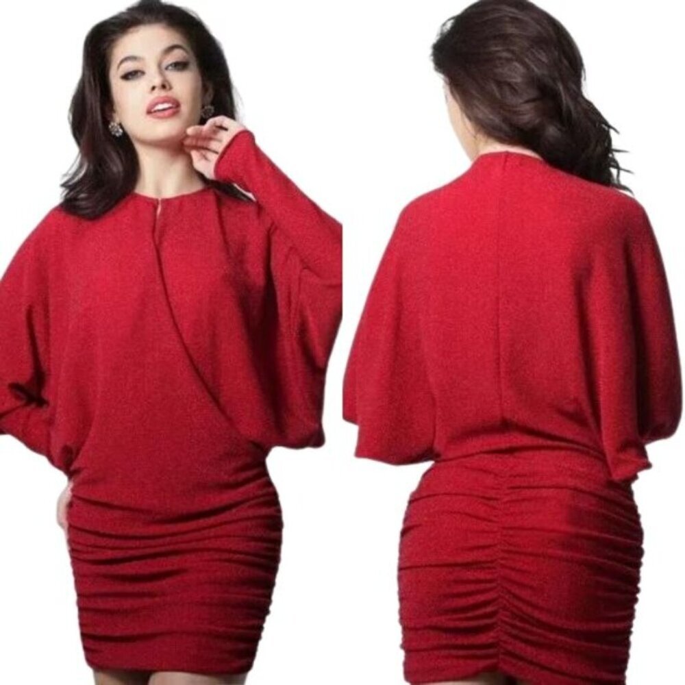 Jovani Red Batwing Sleeve Ruched Shimmer Jersey Cocktail Dress